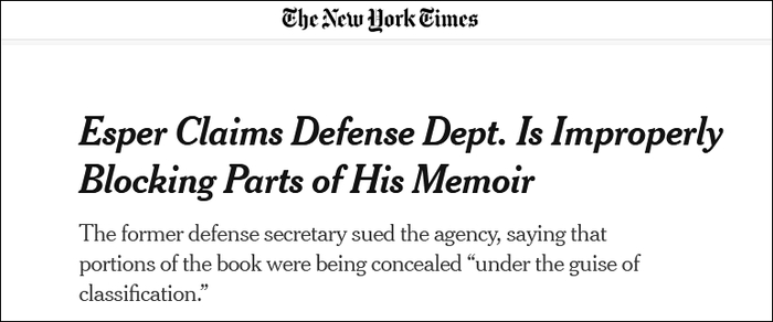 《纽约时报》：埃斯珀称国防部“不适当删除”了他的回忆录中的内容