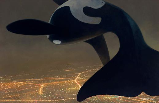 《内城故事》插图：被人类从大海中拖出放到天空里的虎鲸，其孤独与痛苦无从消除。