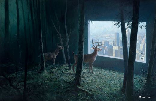 《内城故事》插图：小鹿从大厦窗口探看。