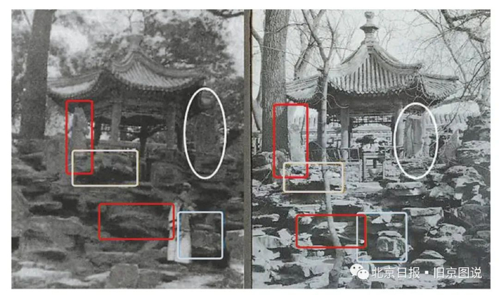假山六角亭对比，左为《我的北京花园》中插图，右为科克尔相册。
