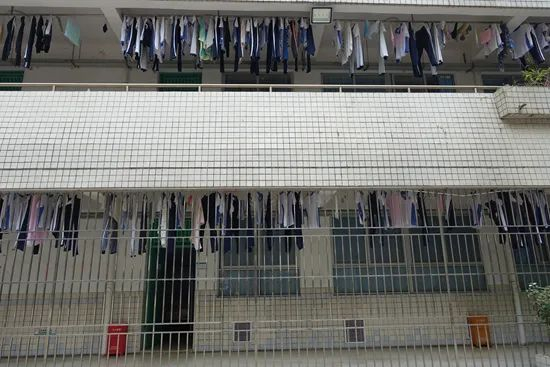 悬挂在阳台的衣服就像“万国国旗”，遮挡大半的阳光和窗外的风景。受访者供图