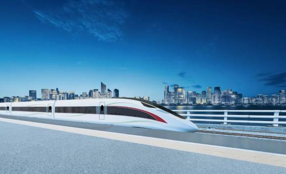 高速列车车站与杭州钱塘江新城风光