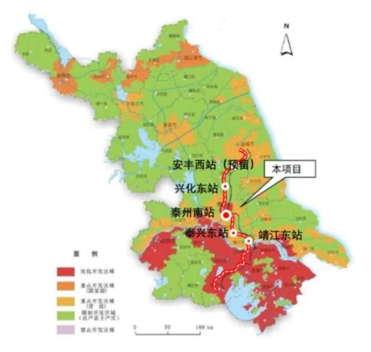 盐泰锡常宜铁路与江苏省主体功能区位置关系示意图