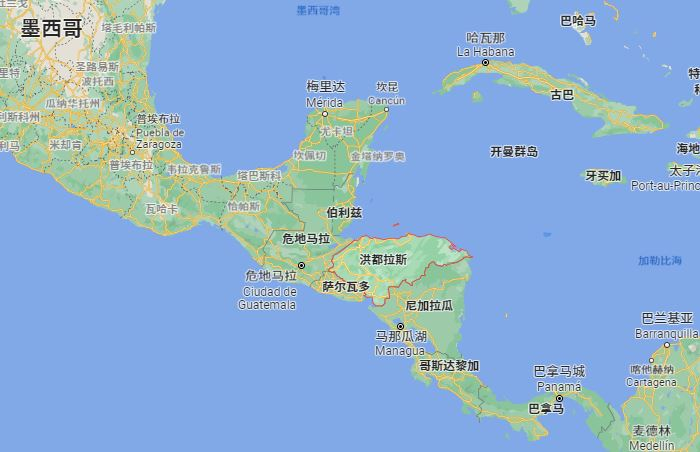 洪都拉斯地理位置 截图自谷歌地图