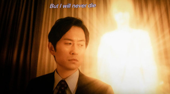 ▲大川隆法在宣传DVD中称“我永远不会死”。来源：《纽约时报》