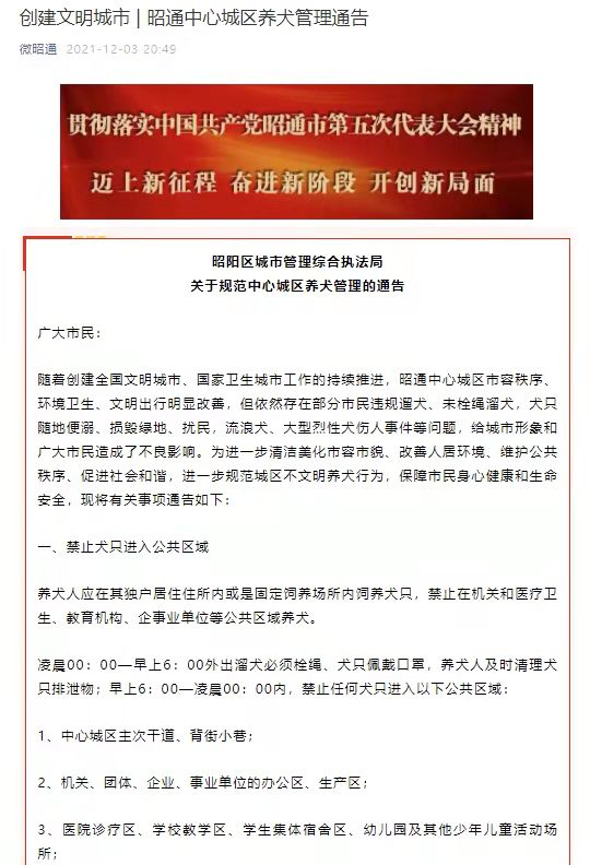 ▲12月3日，云南省昭通市昭阳区城管局发布《关于规范中心城区养犬管理的通告》。图/微昭通微信公众号截图