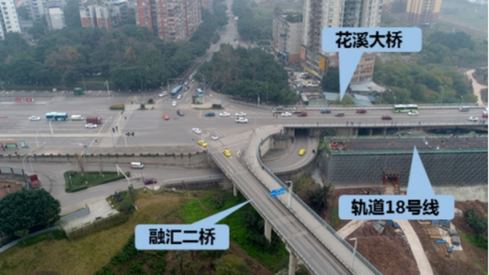 融汇二桥与轨道18号线现状标高示意图（央广网发 中建五局供图）