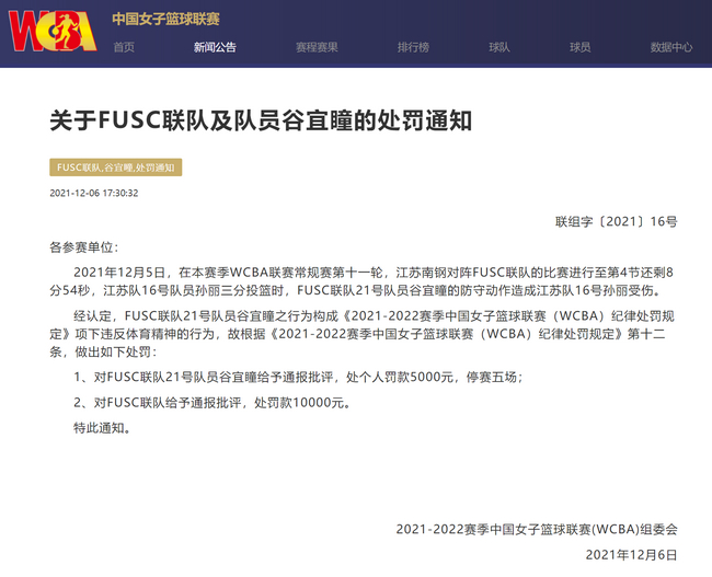WCBA的处罚引发网友不解。