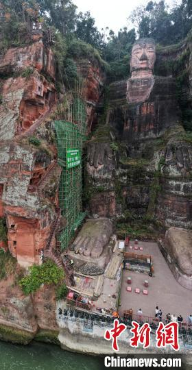 乐山大佛旁正在进行修缮。刘忠俊 摄