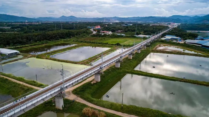 ▲12月3日16时44分，中老两国领导人下达发车指令，中老铁路正式通车。图为中老铁路玉（溪）磨（憨）铁路橄榄坝特大桥。