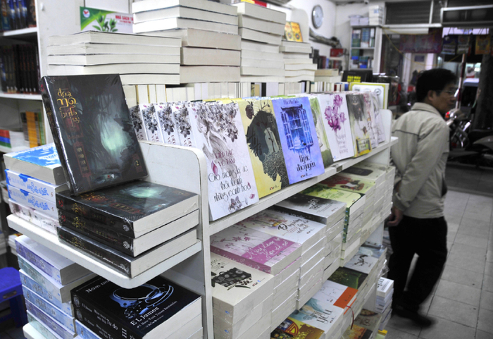 越南首都河内丁礼街的一家书店里摆放着中国网络文学《盗墓笔记》和一些其他小说的越文版（章建华/摄）