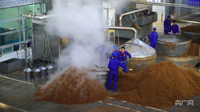 青稞原料送入拌料车间的蒸锅（央广网记者张海东摄）
