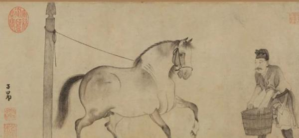 元代赵孟頫《 饮马图卷》 局部