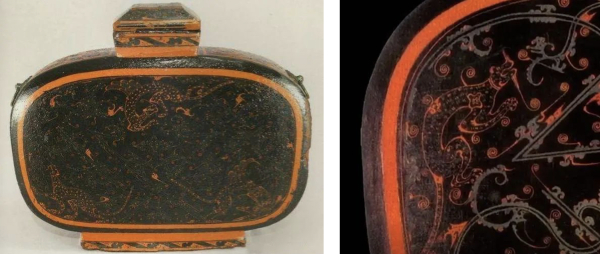 图6：西汉彩绘七豹纹漆扁壶及其细部（荆州博物馆藏）