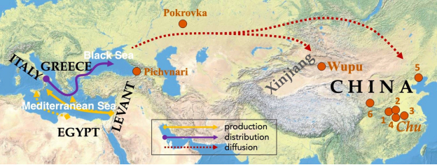 （早期泡碱玻璃珠可能的传播路线，图中标示出发现泡碱玻璃珠的黑海以东遗址 中国科大供图）