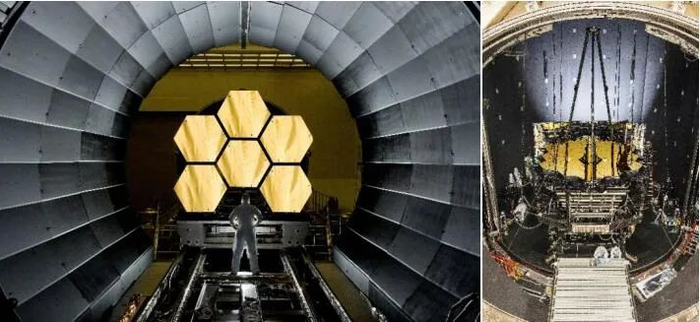 　左：2011年，准备进行低温测试的前六片主镜 右：2017年，准备进行低温测试的OTE模块