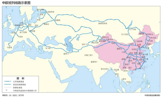 中国地图出版集团在2021年8月发布的中欧班列线路示意图，没有标注乌克兰首都基辅。