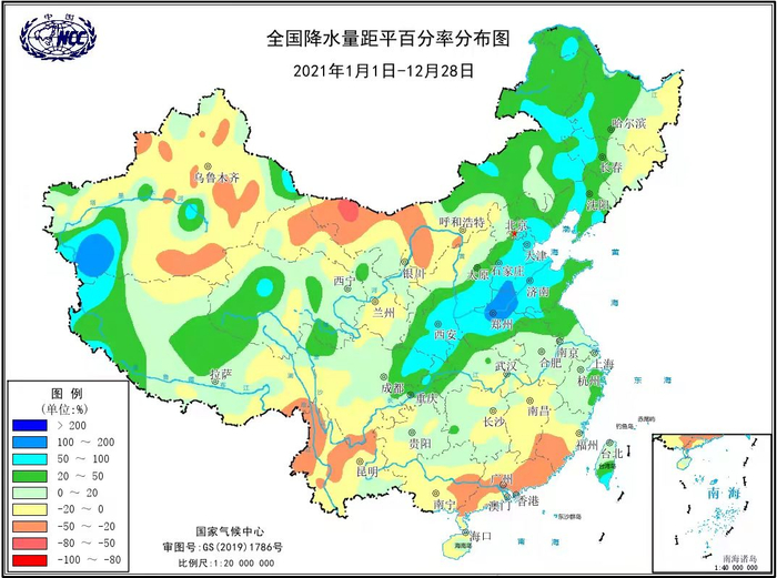 全国降水量距平百分率分布图（2021年1月1日-12月28日）。国家气候中心供图