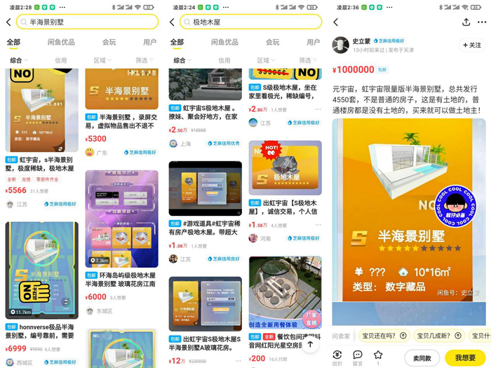 12月中旬，闲鱼上的虹宇宙房产标价。网站截图