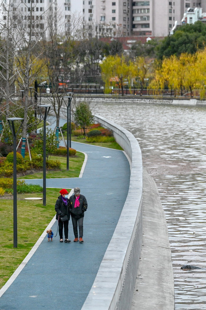 2021年12月25日，蝴蝶湾，两位老人在苏州河河边步道遛狗。