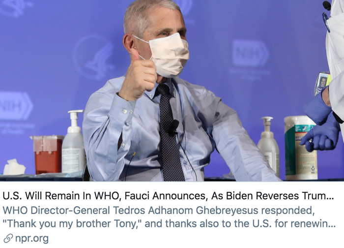 福奇宣布，美国将继续留在世卫组织，拜登将撤销特朗普的决定。/ 美国国家公共电台报道截图
