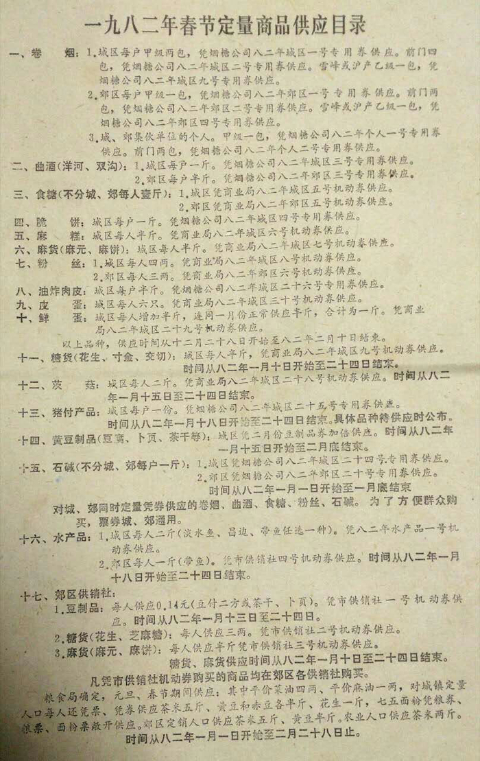 ▲这是镇江市报刊登的《1982年定量供应春节主副食品二十种》年货通告，说明80年代初还处于凭票时代将要结束，但商品供应还没有足够丰富的过渡时期