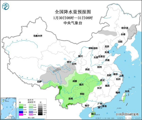 图2 全国降水量预报图（1月30日08时-31日08时）