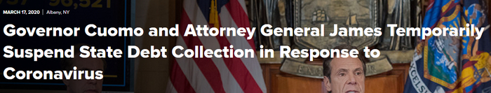 纽约州政府曾要求公立医院暂停对病人催债，但并非所有私立医院都跟进 截图：纽约州政府主页