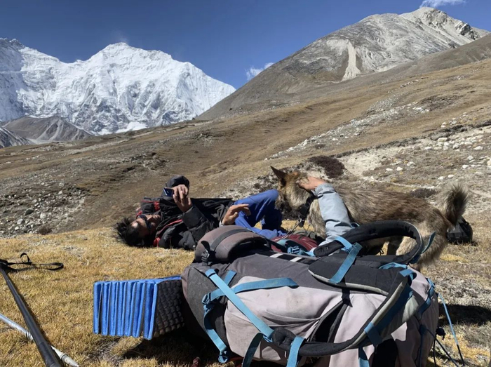 ▲王相军和随行的狗“土豆”。受访者供图