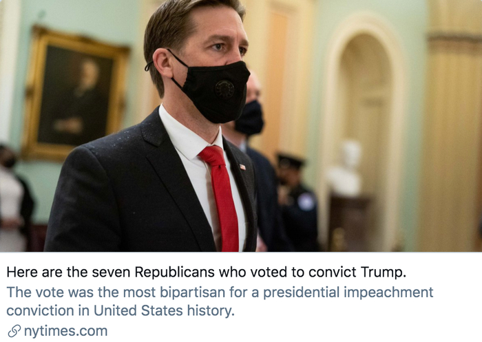 ▲这是投票赞成对特朗普定罪的7名共和党参议员。/&nbsp;《纽约时报》报道截图