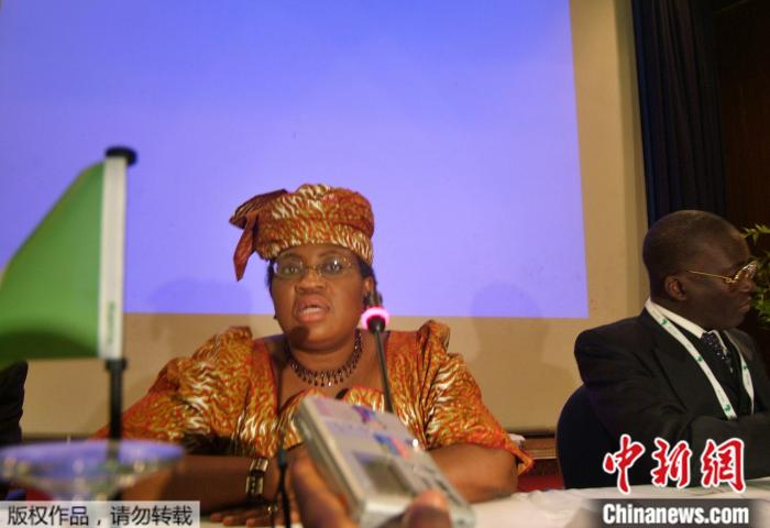 图为2005年，恩戈齐·奥孔乔-伊韦阿拉担任尼日利亚财政部长时，在非洲开发银行会议上发表讲话。