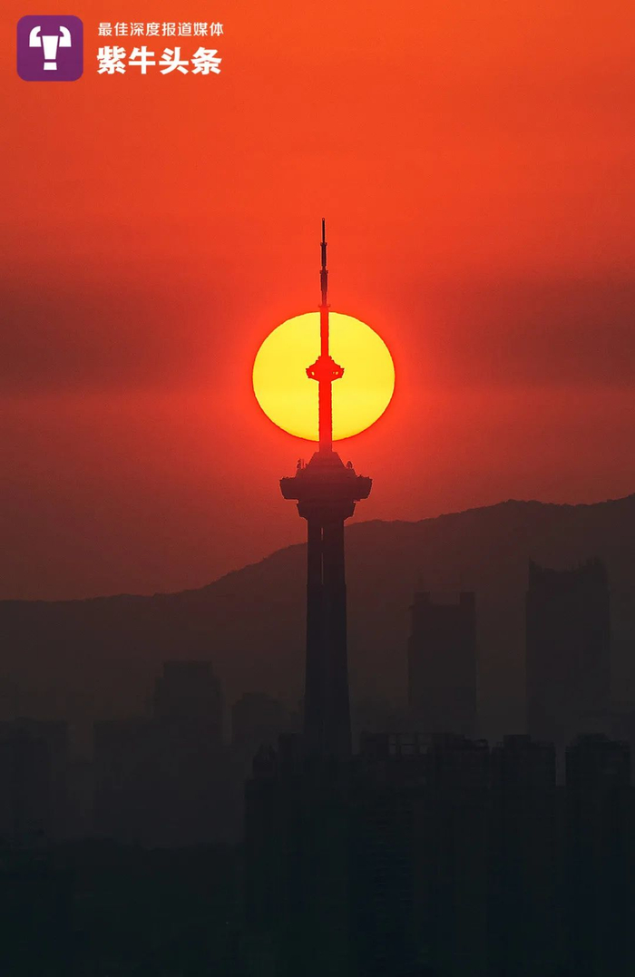 “一路”拍摄的以电视塔为前景的“悬日”照片