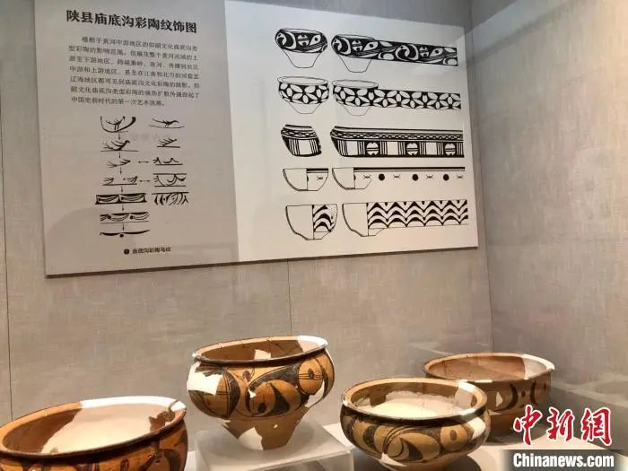 出土精美彩陶器物展示介绍。中新社记者 孙自法 摄