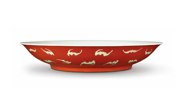 清雍正珊瑚红地洋彩万寿五福大盘 达文堂藏品