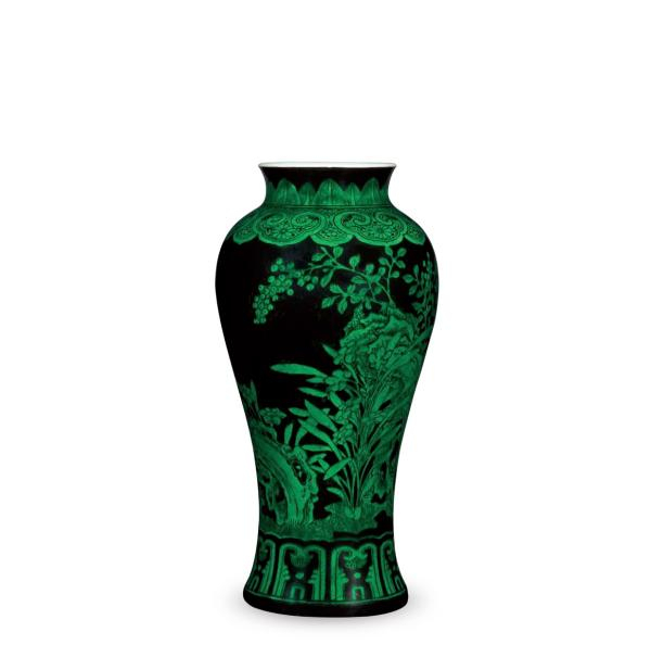 清雍正 黑地绿釉芝仙祝寿尊 达文堂藏品