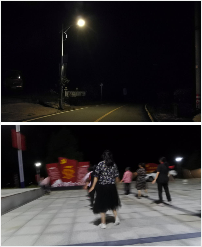 　　拼版照片：上图为2017年8月1日，记者拍摄的大湾村夜景。（新华社记者陈诺 摄）下图为大湾村7岁女孩汪程拍摄的妈妈跳广场舞。