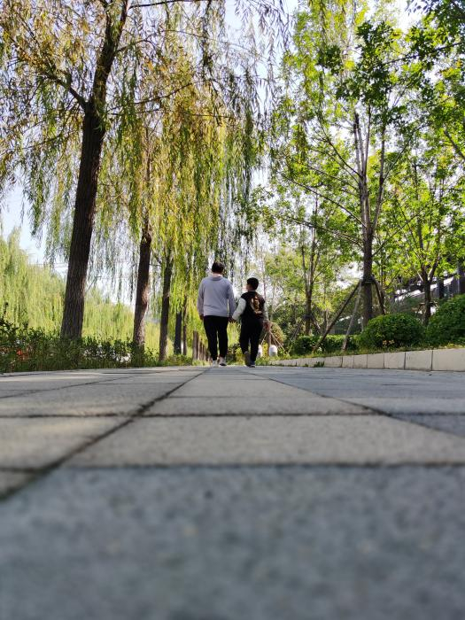 在北京，刘芳拍下老公和儿子的背影。受访者供图