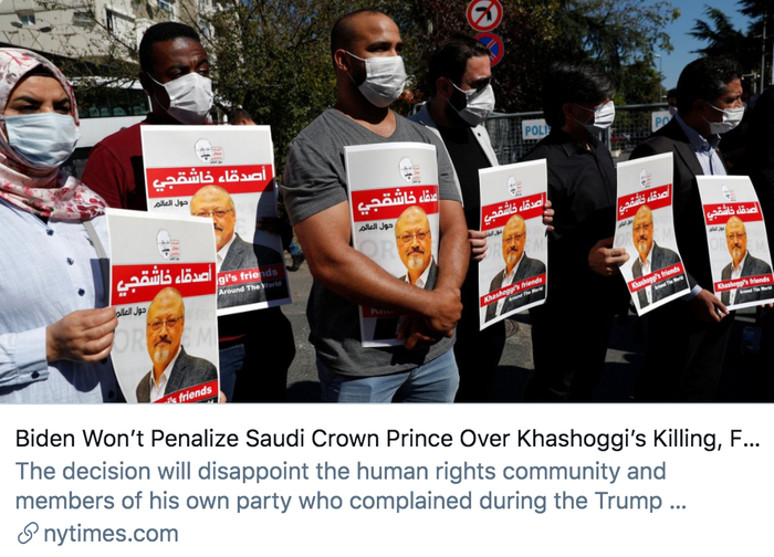 ▲由于担心关系破裂，拜登不会因卡舒吉被杀而惩罚沙特王储。/ 《纽约时报》报道截图