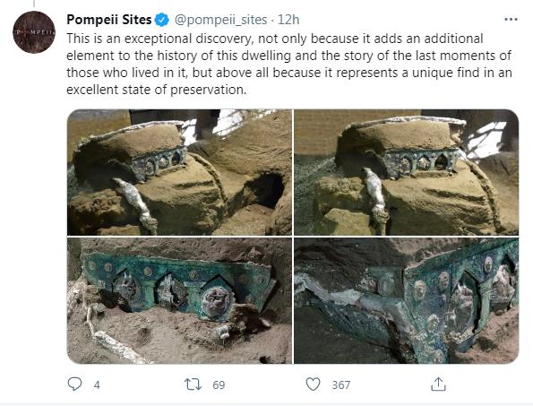 意大利庞贝古城遗址附近挖掘出一辆几乎保存完好的罗马战车。（图片来源：庞贝考古公园官方账号）