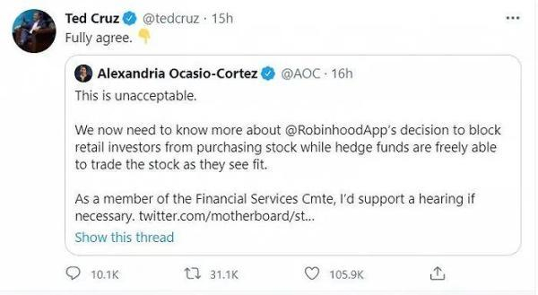 △共和党参议员特德·克鲁兹在推特上也转发了奥卡西奥·科尔特斯的推文，并罕见地表达了完全赞同的态度。