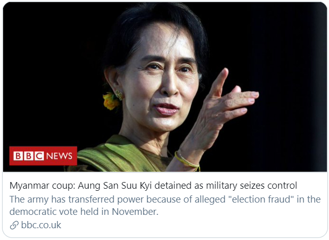 昂山素季被军方扣押。/BBC报道截图