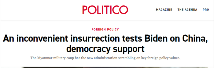 Politico将缅甸政局动荡称为一场“不方便的叛乱”，报道截图