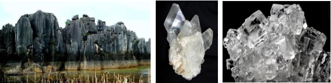 从左到右依次为：灰岩白云岩（云南石林）、石膏晶体、石盐晶体（食盐的主要成分）