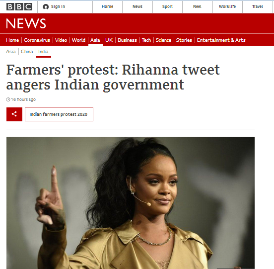 BBC：农民抗议，蕾哈娜的推文惹怒了印度政府