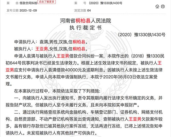 ．王亚男涉及的一起借款合同纠纷案执行裁定书截图 