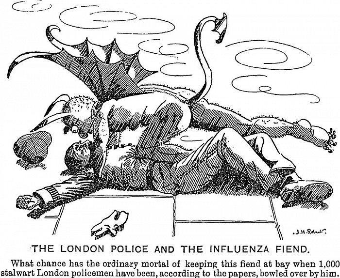 刊登于1895年《好玩》杂志上的一幅漫画将恶魔与警察并置。图片来源：《流感大历史：一部瘟疫启示录》，格致出版社2021年1月版