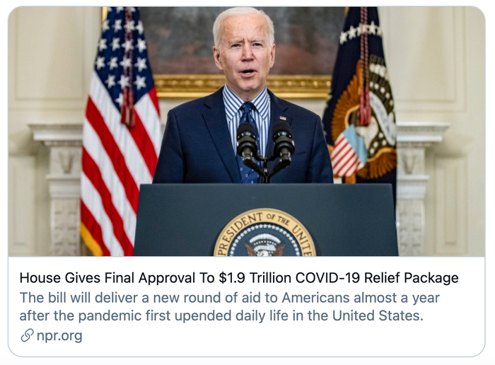 众议院最终批准1.9万亿美元的新冠纾困救助计划。/NPR报道截图