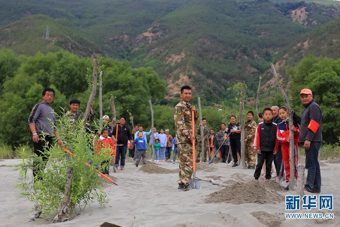 云南省丽江市石鼓镇人和朝明和村民们在金沙江边种植柳树（2020年4月22日摄）。新华网 丁凝 摄