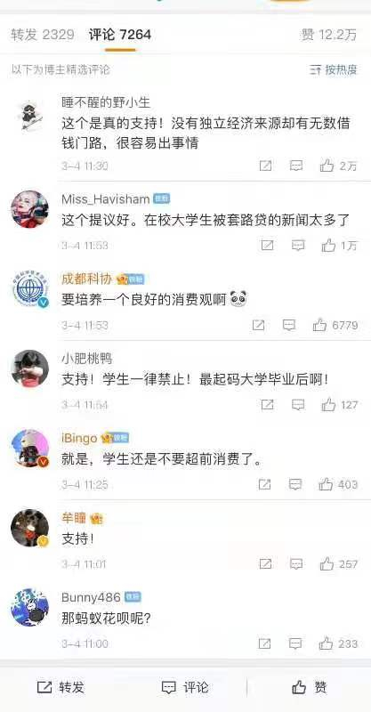 部分支持禁止学生信用卡的网友。
