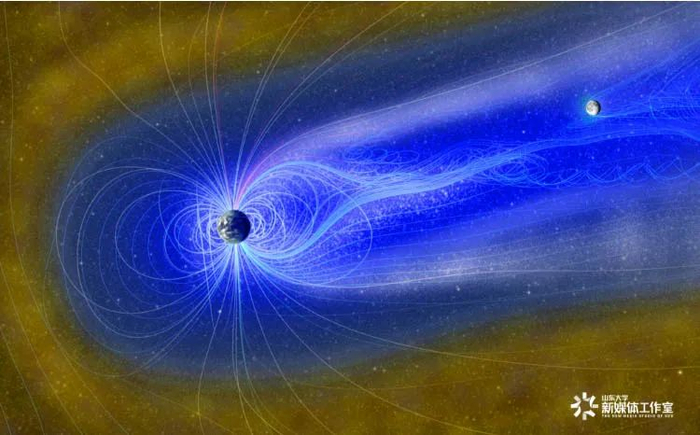 月球在磁层中，地球风产生月球水的效果图。